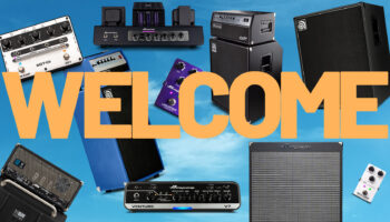 Ampeg products superimposed over a cloudy blue sky with the word welcome