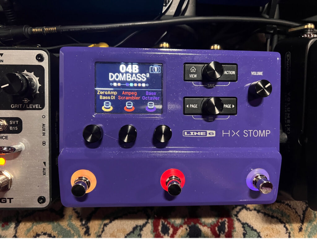 Purple Line 6 HX Stomp showing preset 04B DOMBASS